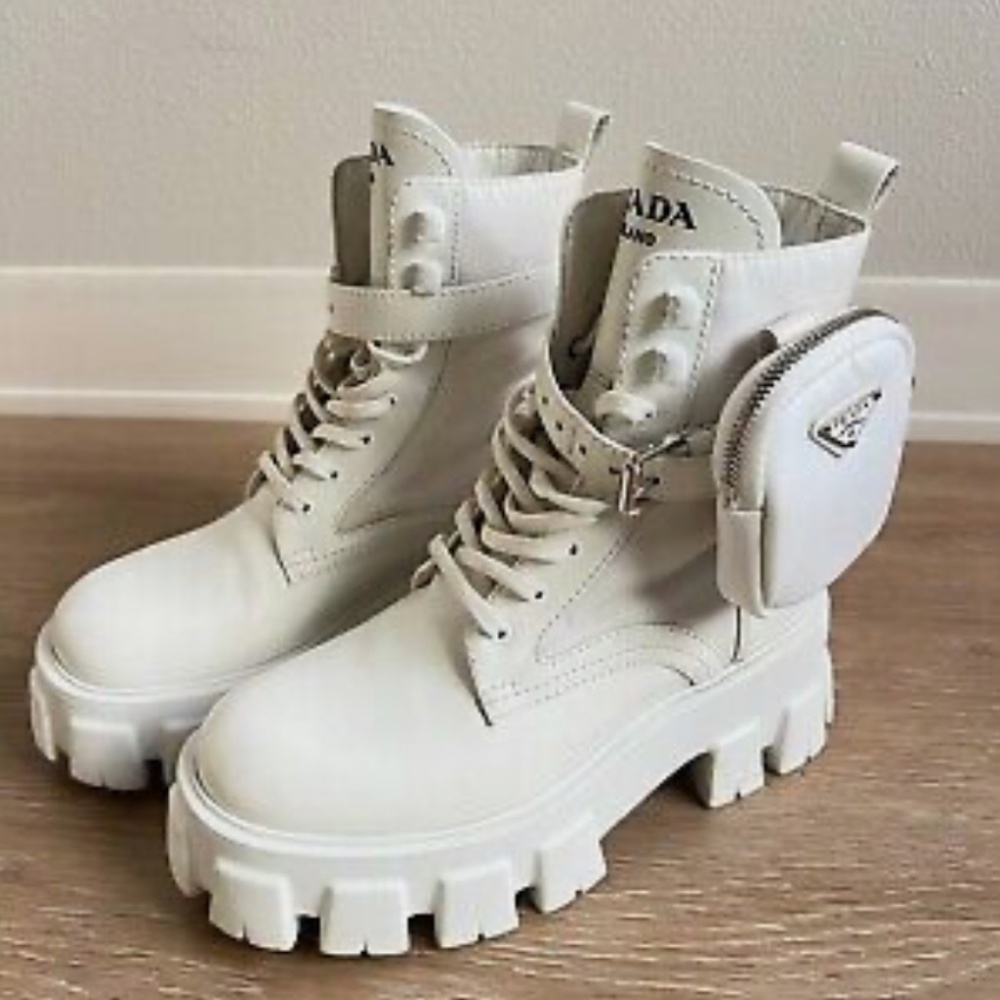 PRADA Monolith leather and Re-Nylon white boots with pouch IT 36